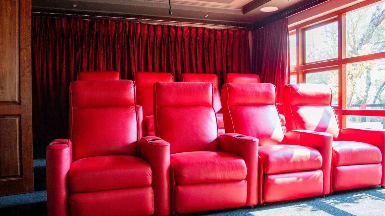 Home theater with rows of recliners and a round speaker set into the ceiling