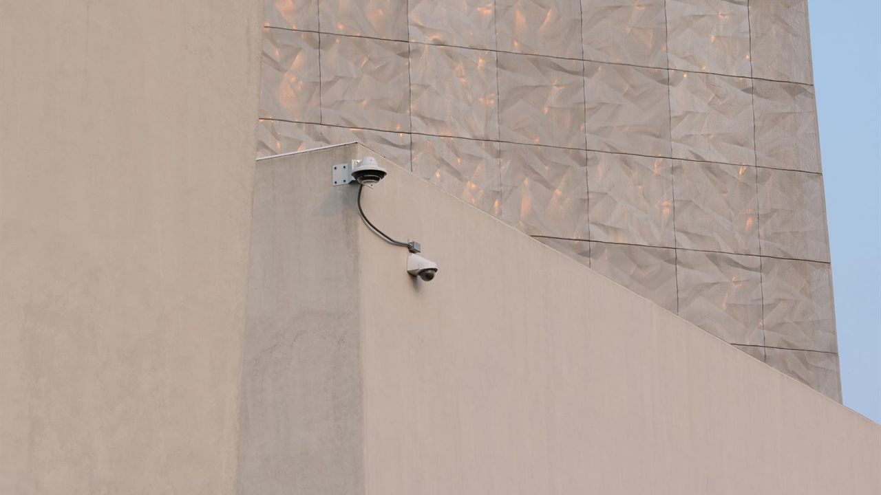 IP security camera mounted on an exterior building wall