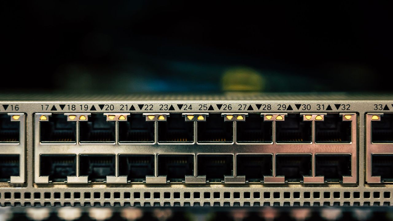 Row of network switch ports, where camera streams share the uplink to the recorder