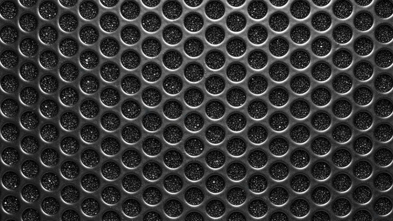 Close-up of a black perforated metal speaker grille