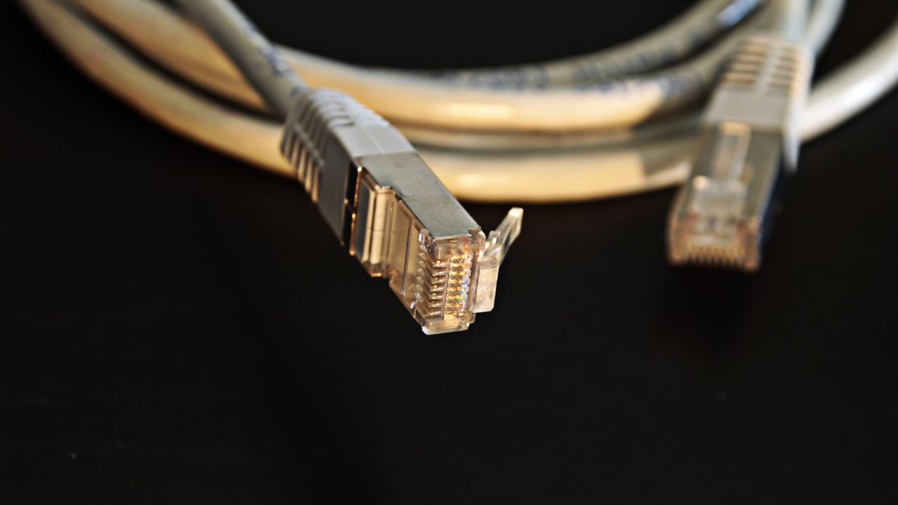 Shielded RJ45 plug on a twisted-pair patch cable, ready for termination checks