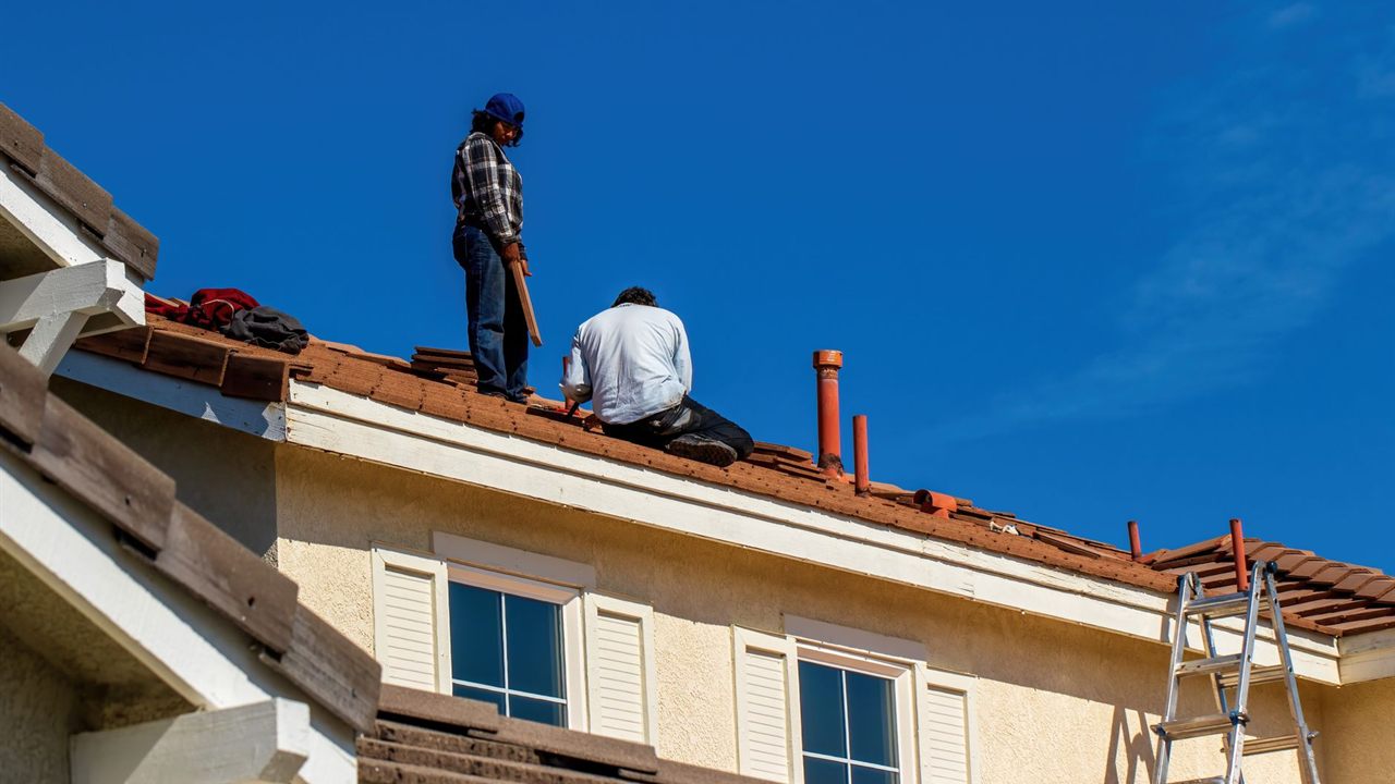 Two workers on a tiled house roof with a ladder at the eave